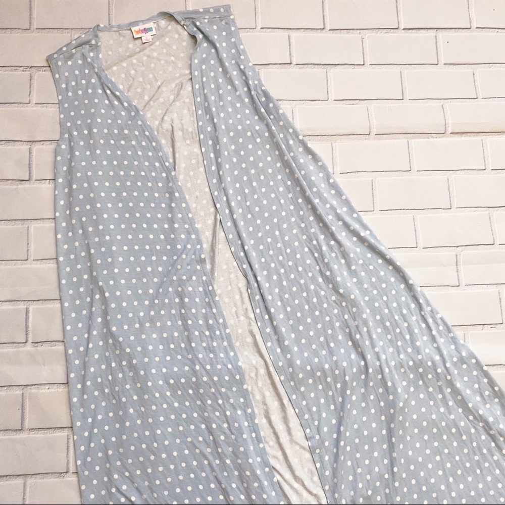 LuLaRoe Blue and White Polka Dot Joy Long Vest
